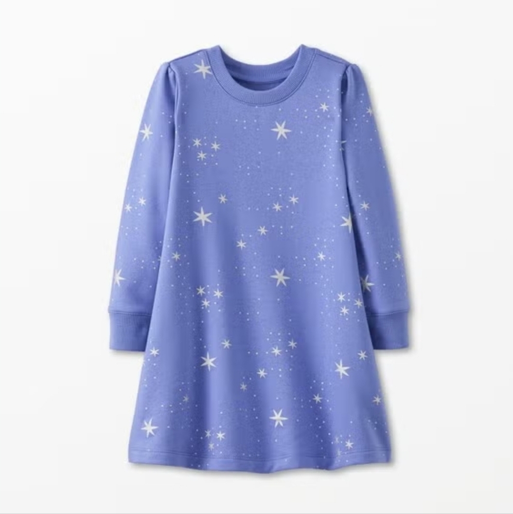 Hanna Andersson Long Sleeve Foil Print Fleece Dress Lavender Girls 6-7 EUC